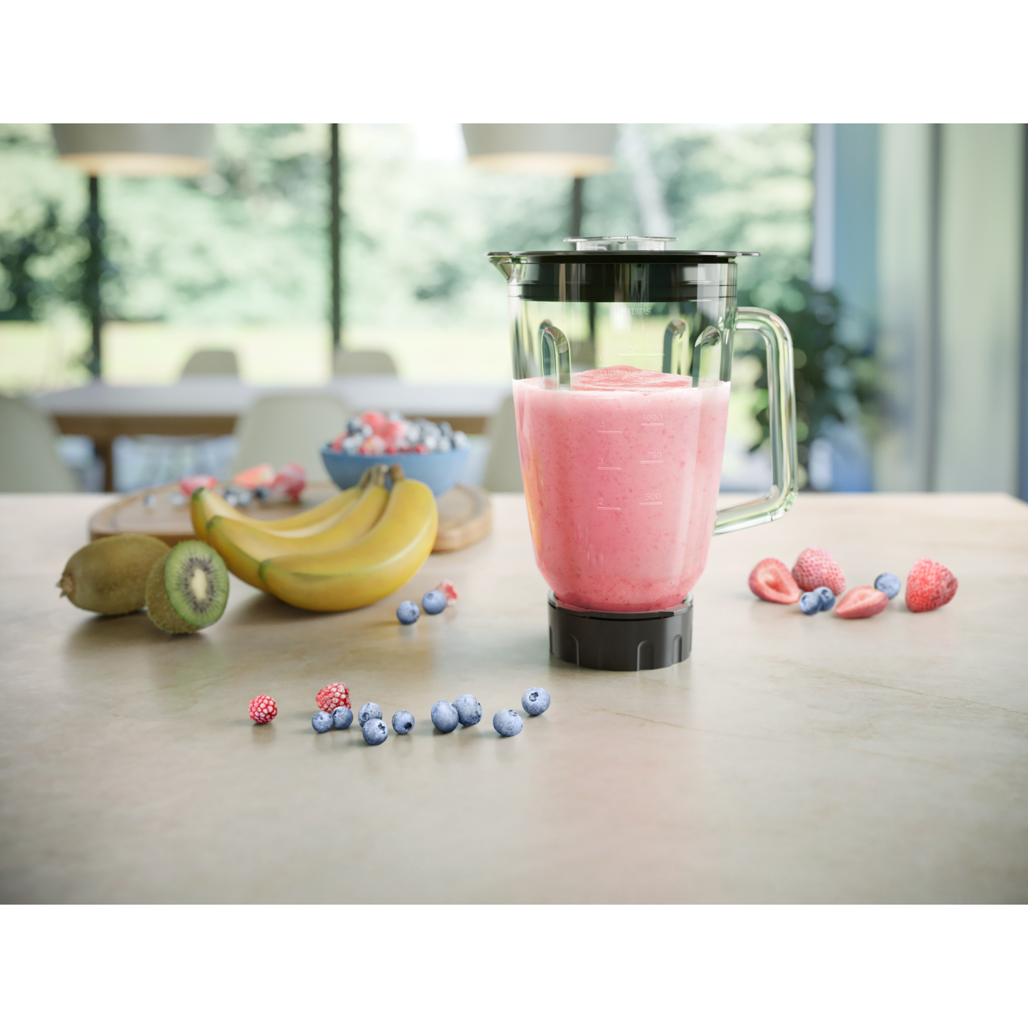 Blender with pink smoothie, surrounded by fruits: bananas, kiwi, blueberries, and strawberries.