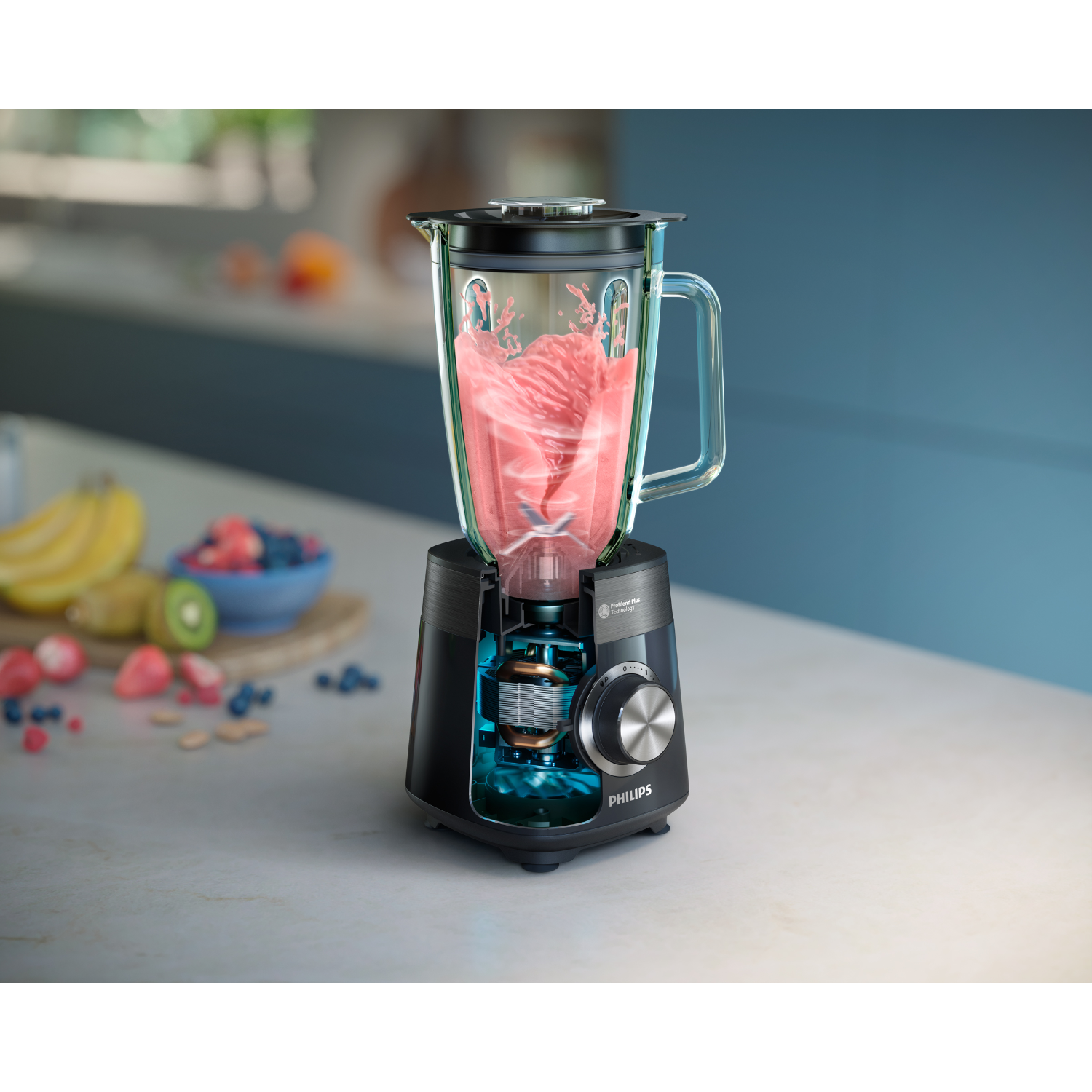 A black blender with a glass jar filled with pink smoothie, and blue accents.