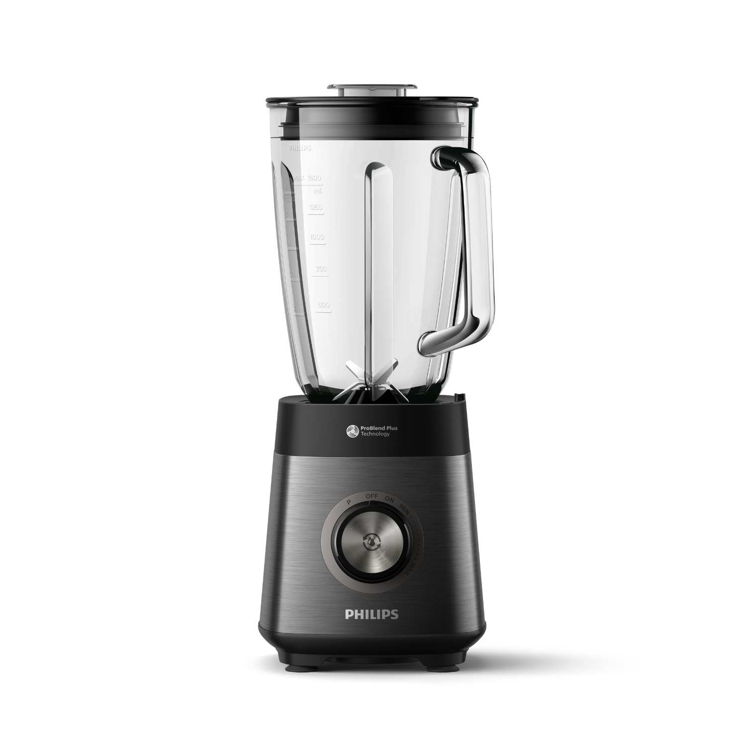 Black and silver blender on white. It has a glass jar and a dial with settings.