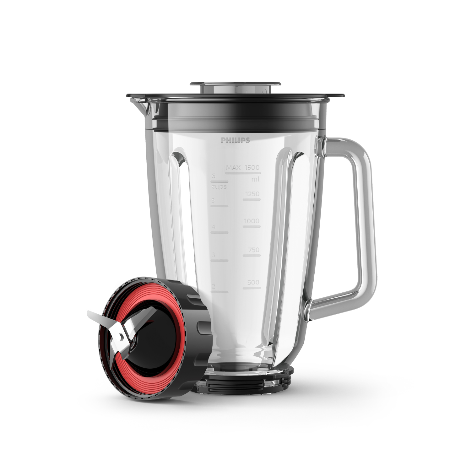 A blender with a clear glass jar, a black lid, and red and black blades.