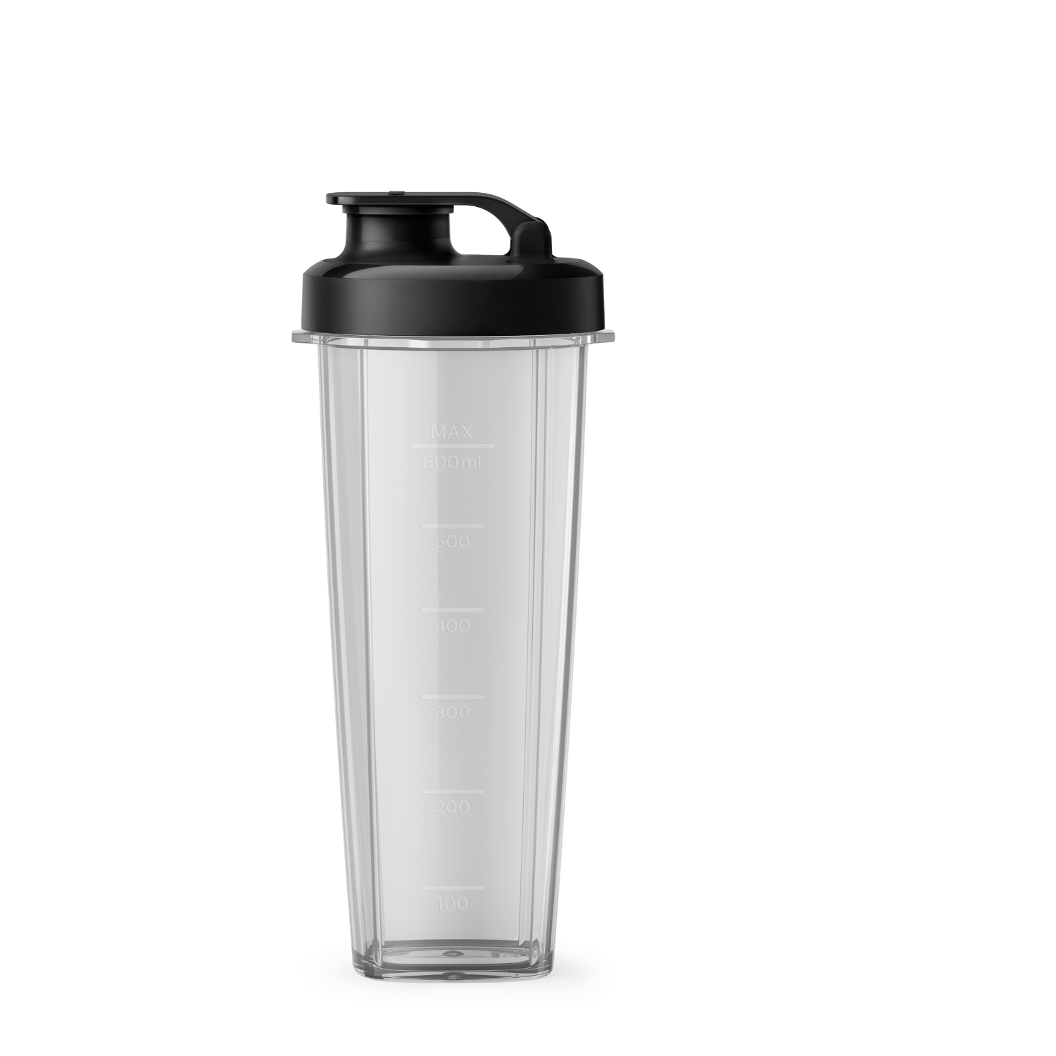 A clear plastic shaker bottle with a black lid and a handle.