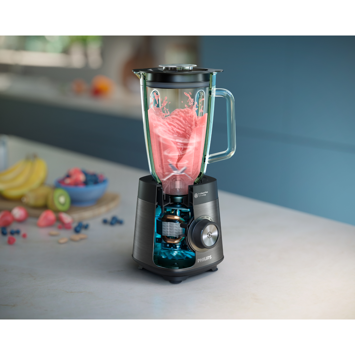 A Philips blender with a cross-section view showing pink smoothie being mixed.
