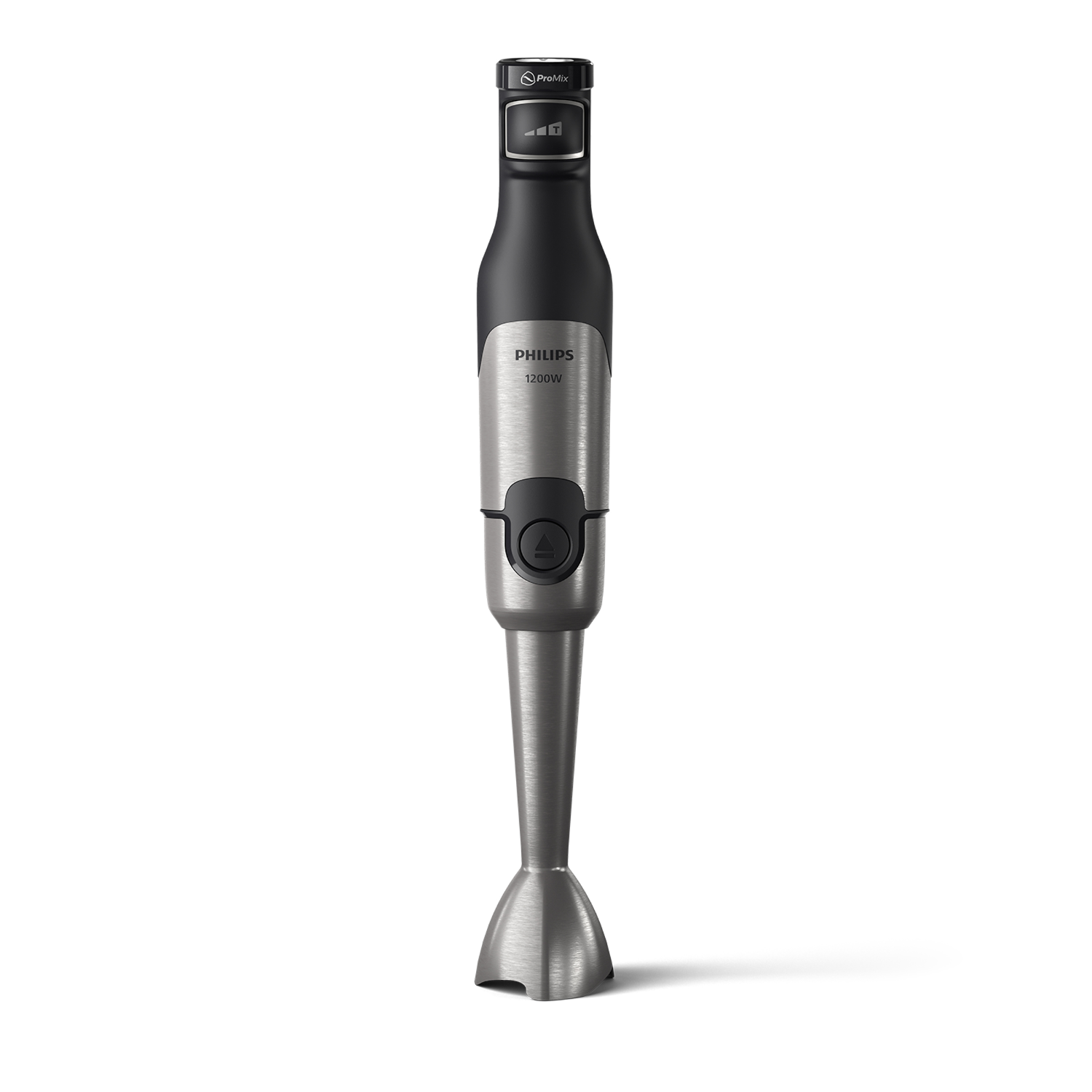 Zilver-zwarte Philips staafmixer, geïsoleerd op een witte achtergrond.