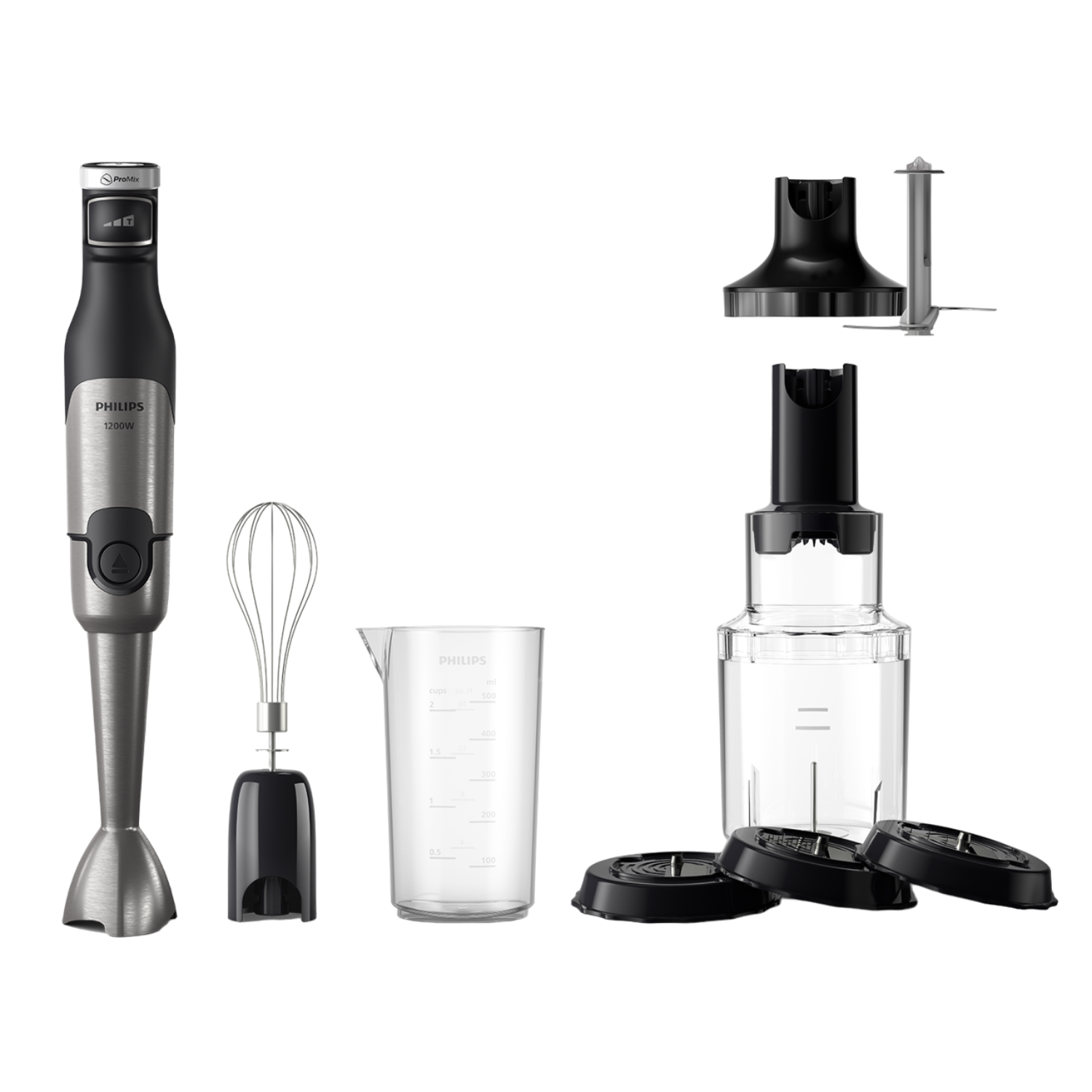 Blender met opzetstukken: garde, container, hakmolen en messen. De blender is zwart en zilver.