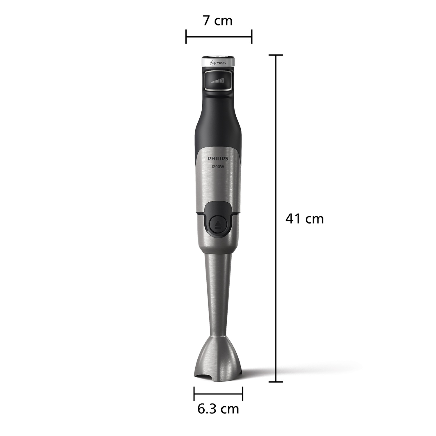 Een Philips staafmixer met afmetingen.
