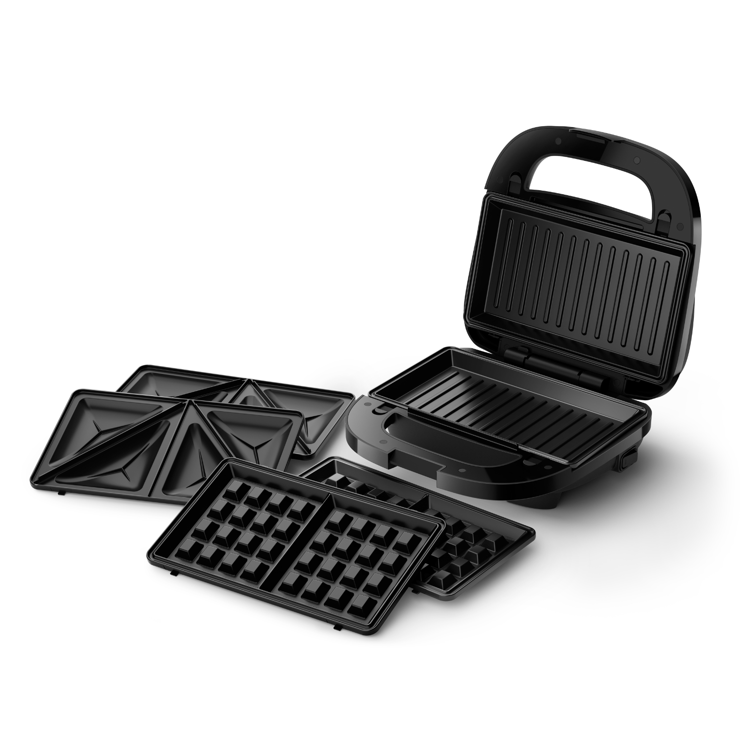 Black sandwich maker with interchangeable plates for sandwiches and waffles.