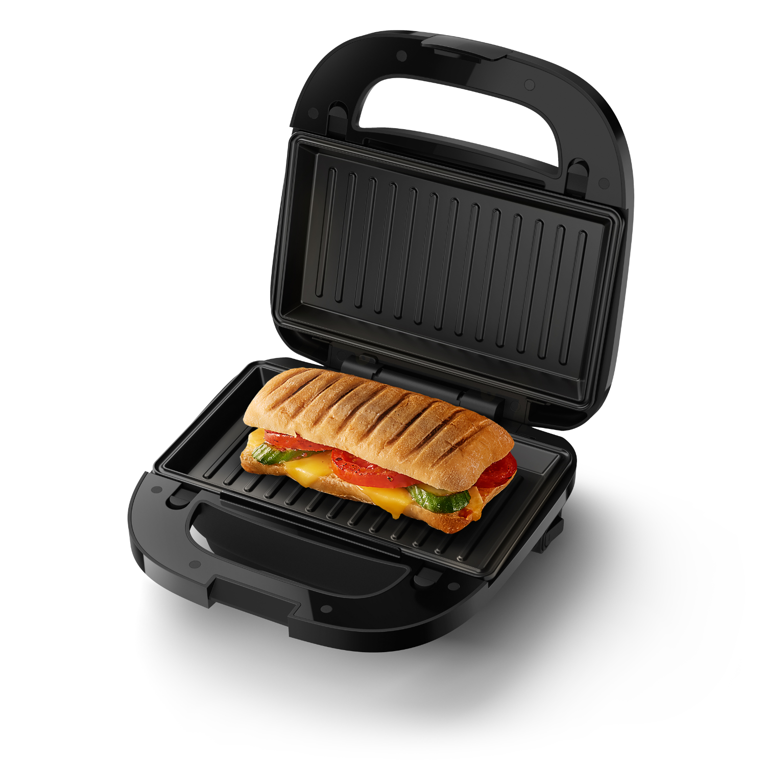 Black sandwich maker with a sandwich inside. The sandwich has red tomatoes and yellow cheese.
