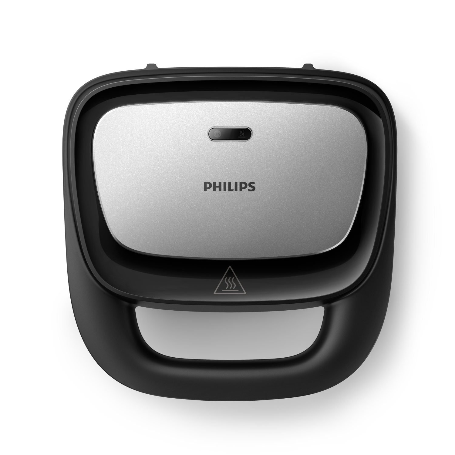 Black Philips sandwich maker, top view, with a silver top.