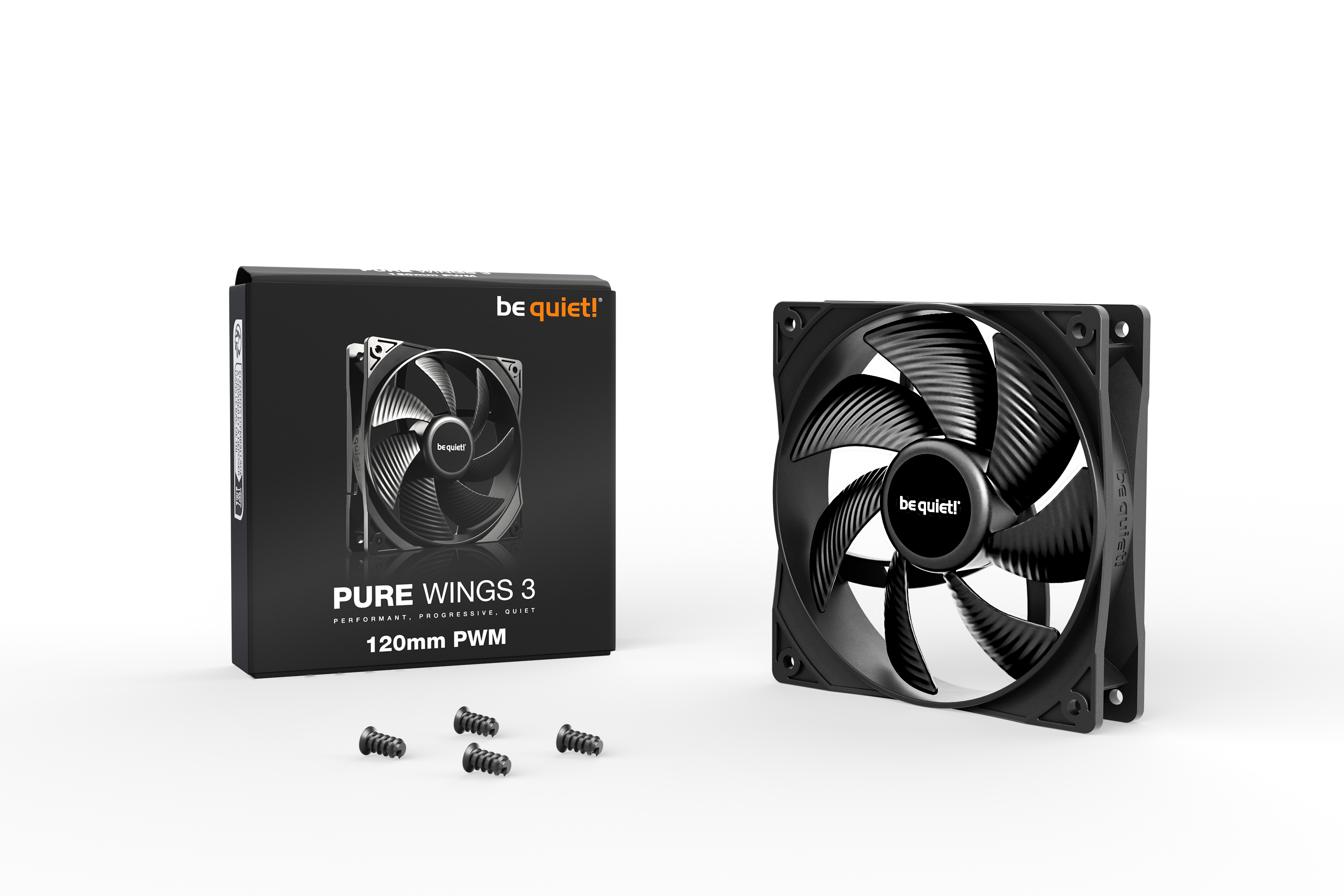 Schwarzer be quiet! Pure Wings 3 Computerlüfter mit Box und Schrauben.
