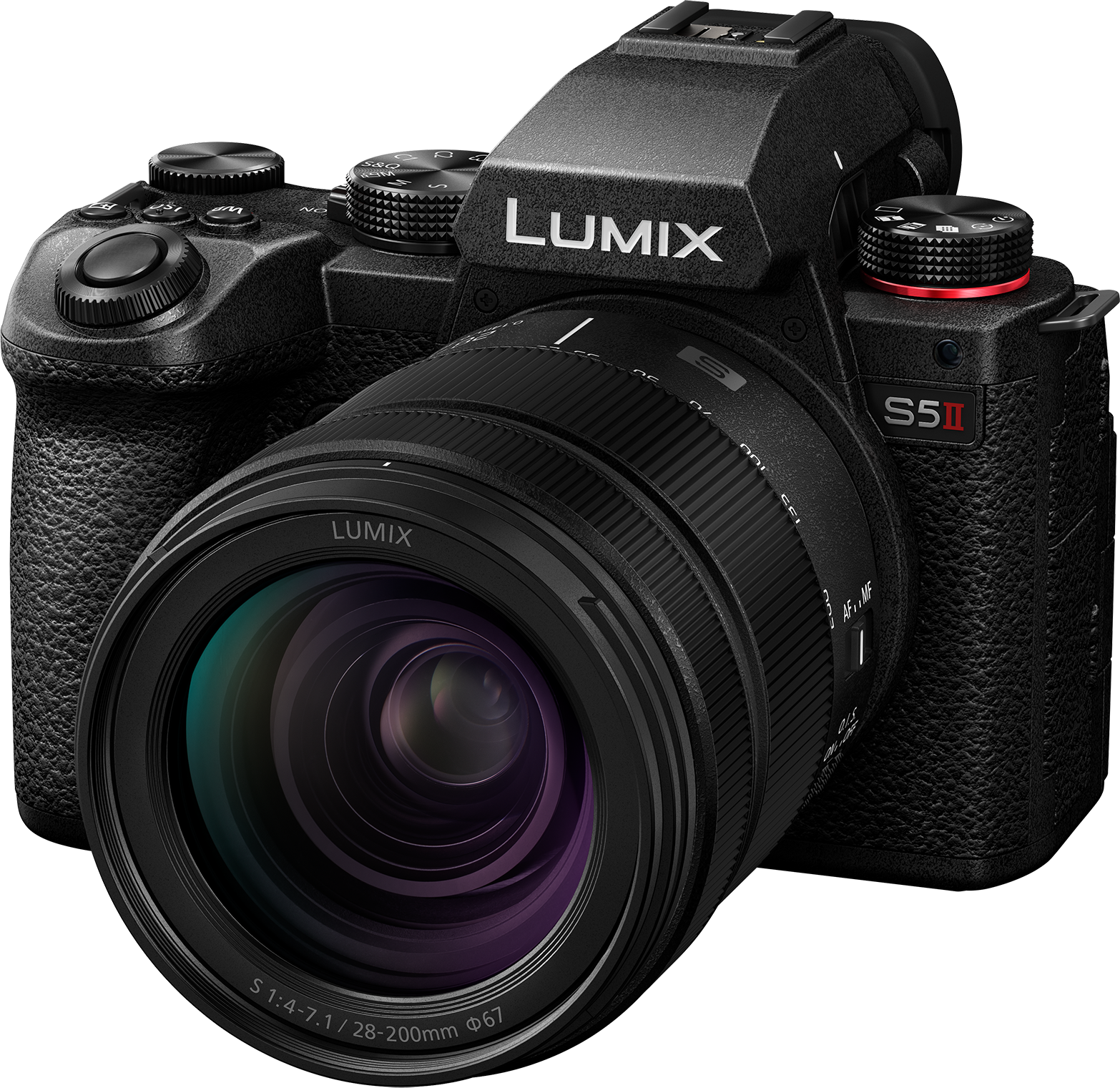Un appareil photo Lumix S5II noir avec un objectif est présenté sur fond noir.