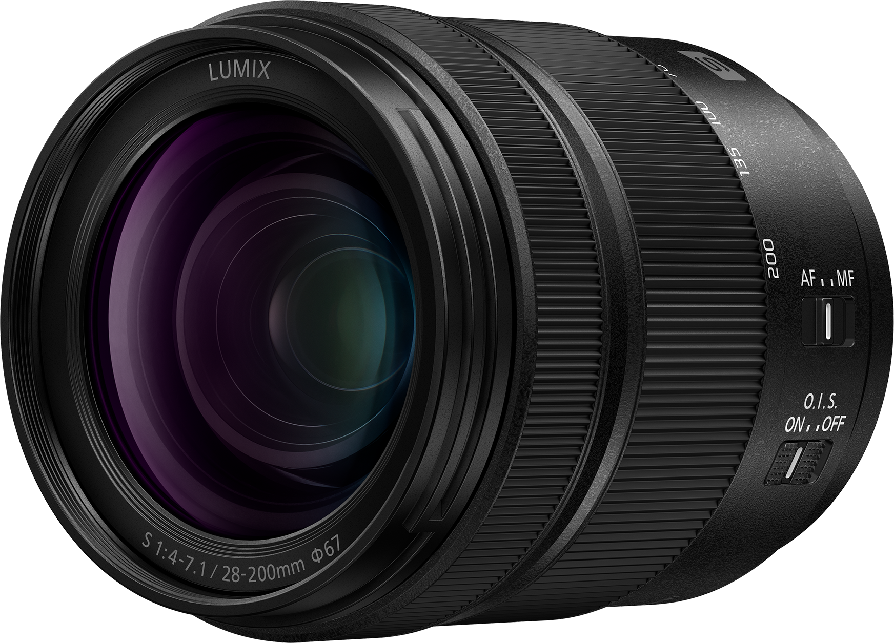 Objectif de caméra Lumix noir avec marques de zoom et interrupteurs AF/MF et O.I.S.