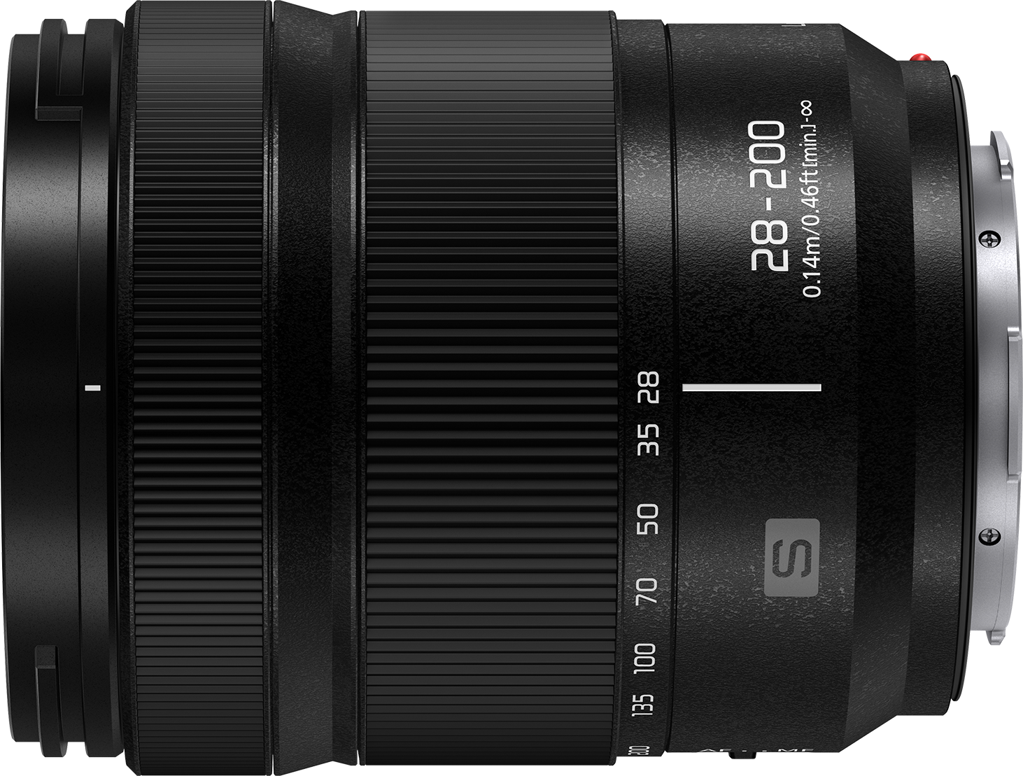 Objectif photo noir avec focale 28-200mm et échelle de mise au point.