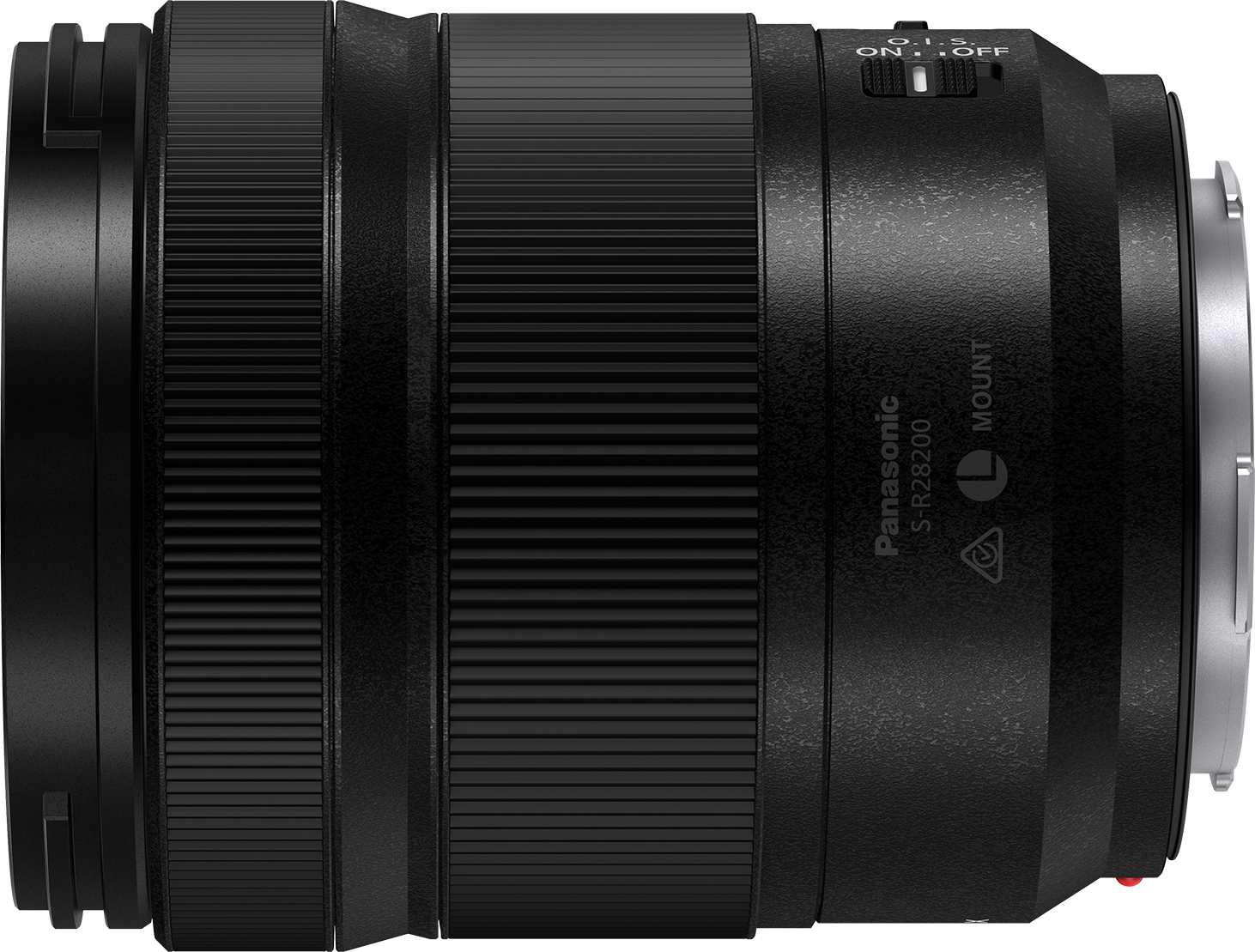 Objectif noir Panasonic S-R28200 avec interrupteur OIS et marquage de montage.