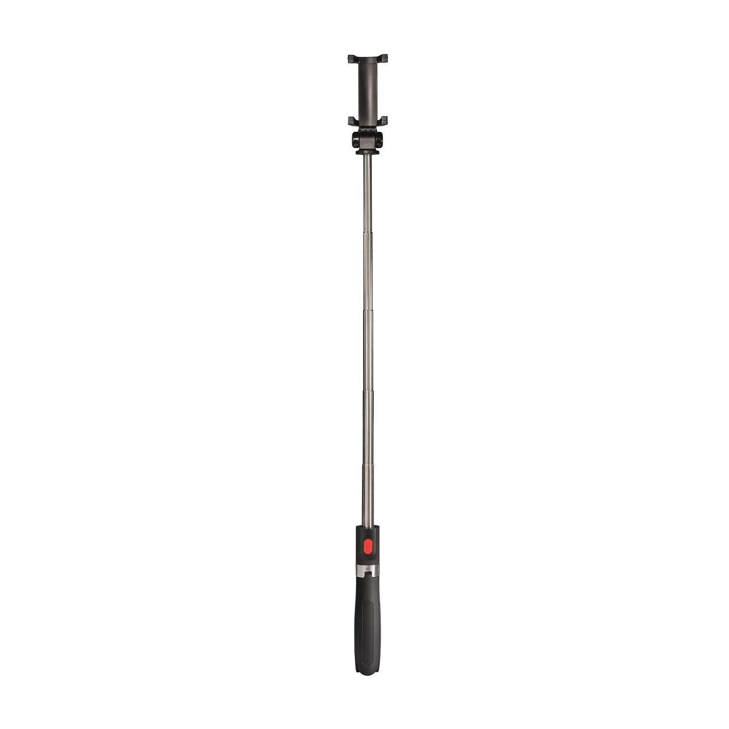 Un selfie stick nero e argento, completamente esteso. Ha un supporto per telefono e un pulsante rosso.