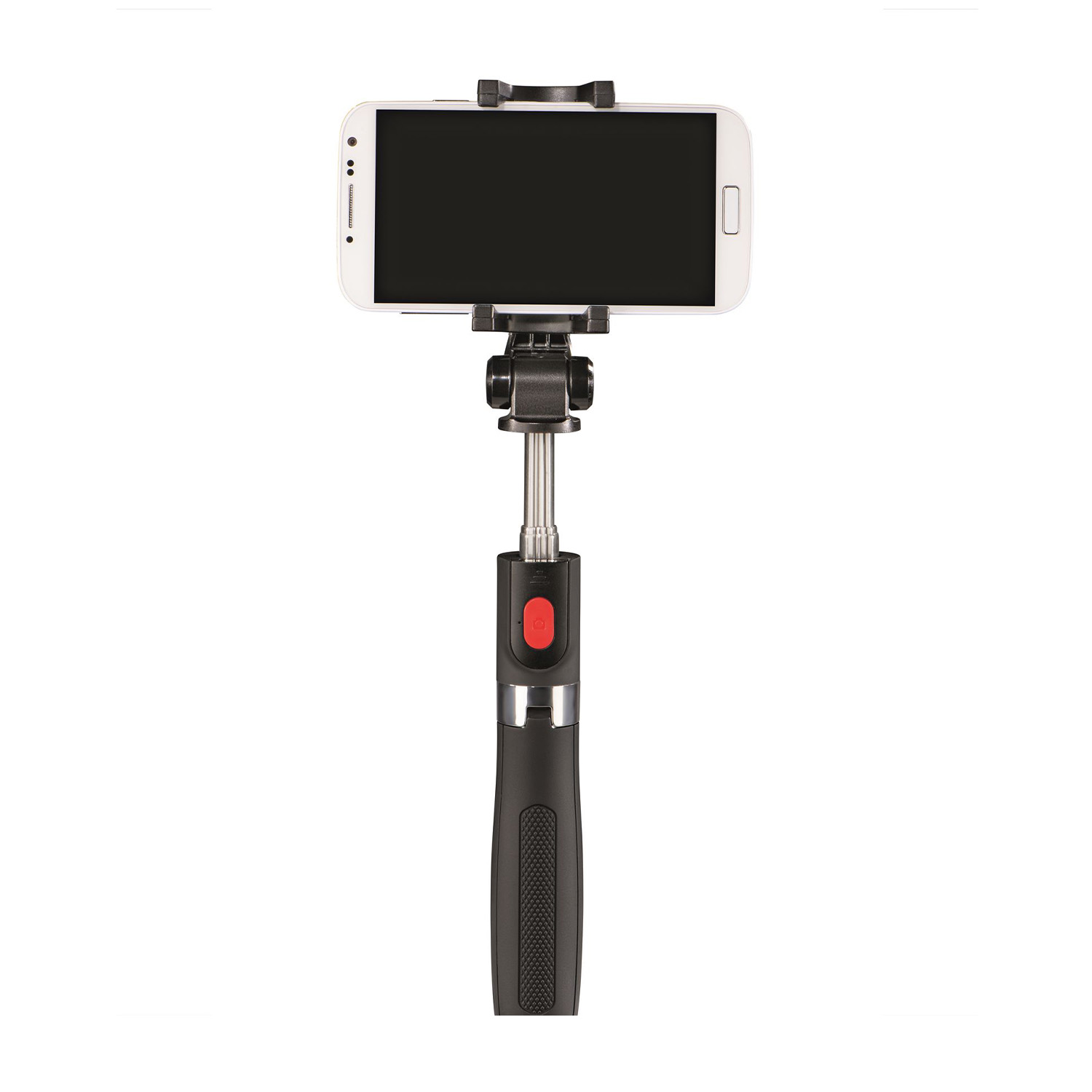 Uno smartphone bianco montato su un bastone per selfie nero, esteso verso l'alto.