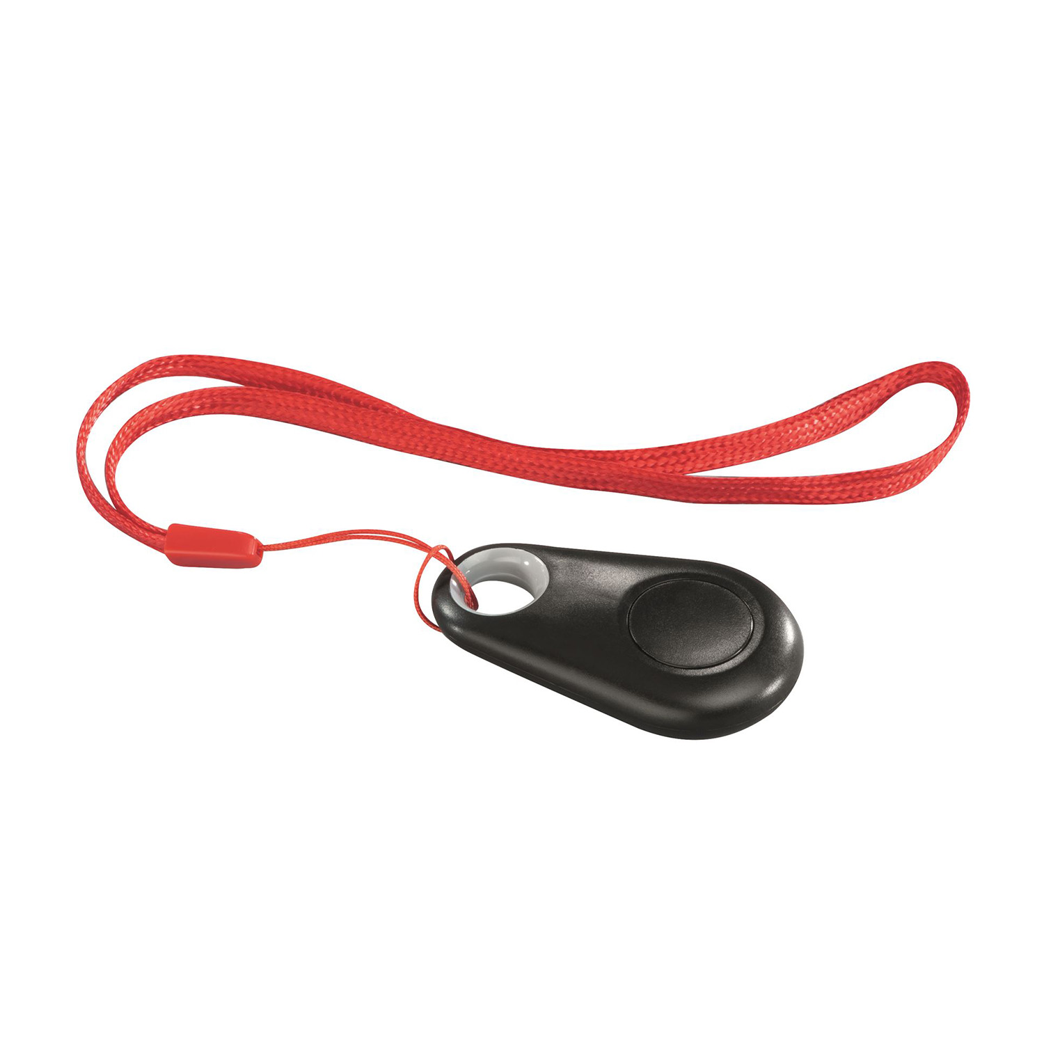 Tracker nero con cinturino rosso. Il tracker è di forma ovale con un pulsante.