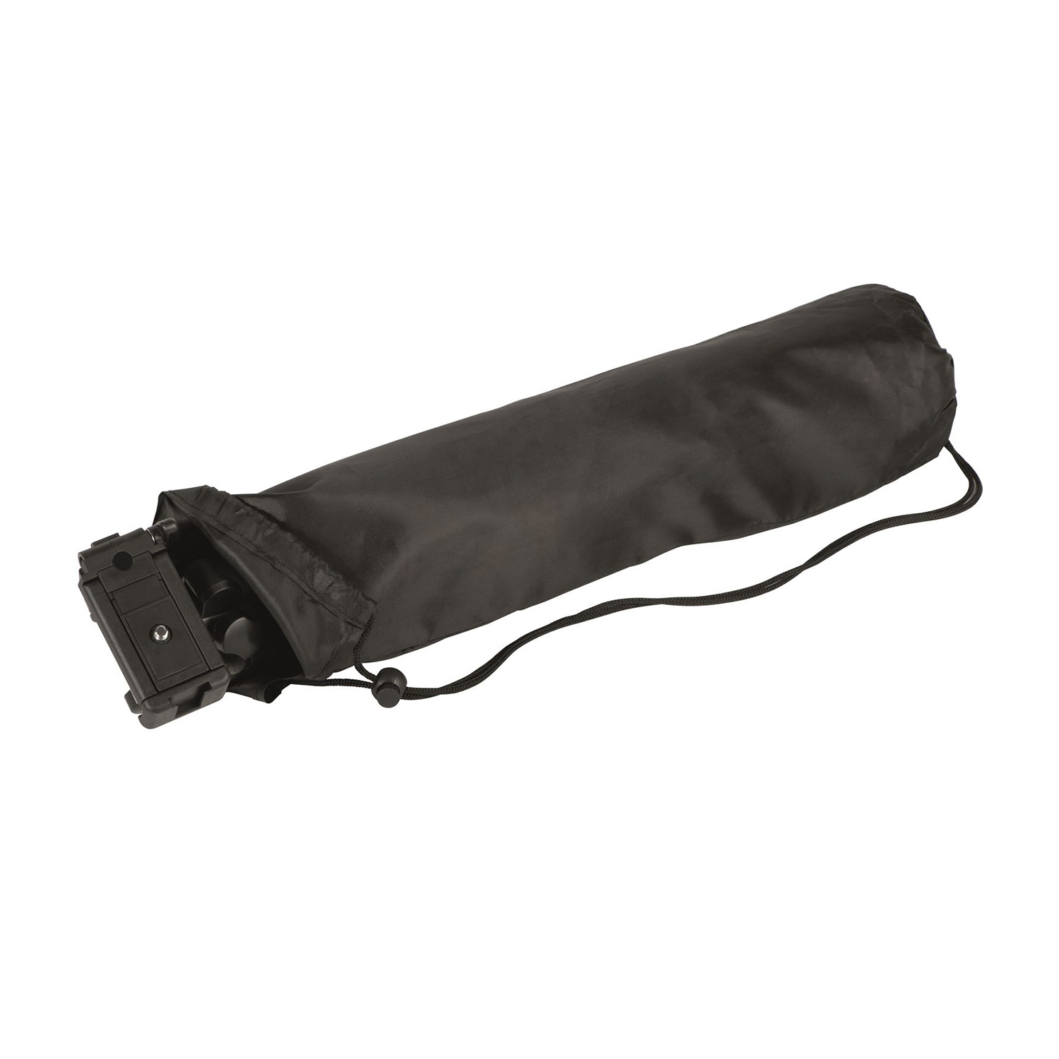 Treppiede nero in una borsa nera, parzialmente esposto, sfondo bianco.