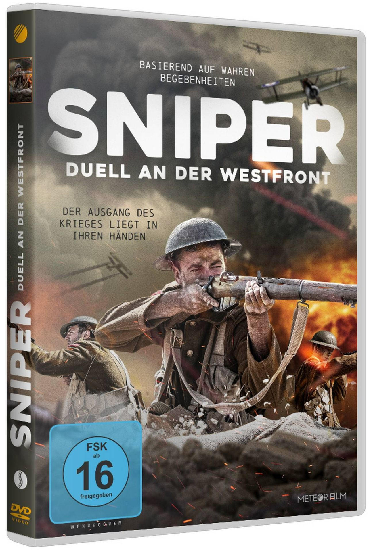 DVD-Cover eines Kriegsfilms. Ein Soldat zielt mit einem Gewehr. Der Titel lautet 'SNIPER'. Der Hintergrund ist Flammen.