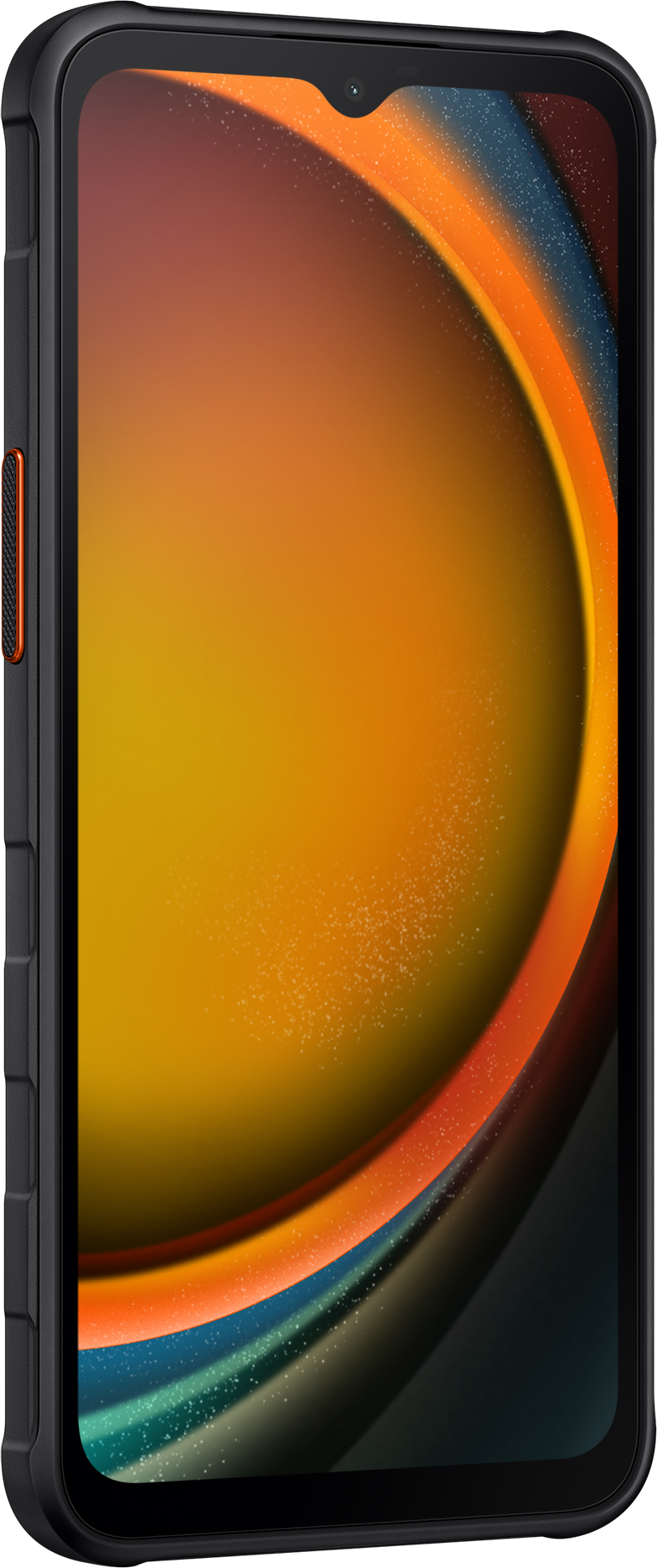 Fekete okostelefon narancssárga díszítéssel. A képernyő narancssárga és sárga absztrakt dizájnt mutat. Oldalnézet.