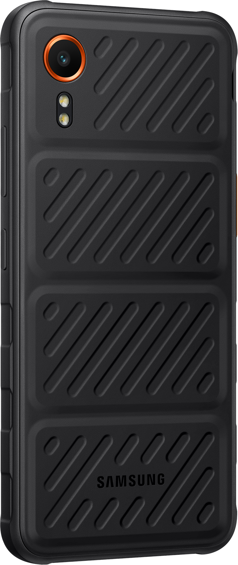 Fekete, strapabíró telefon narancssárga részletekkel, textúrázott dizájnnal és Samsung logóval.