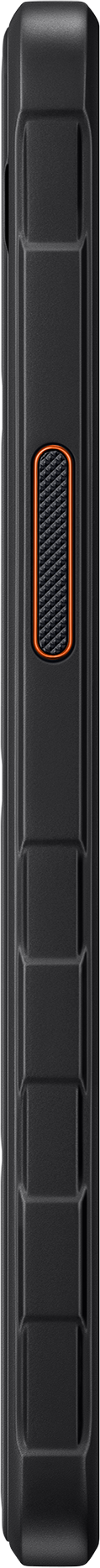 Fekete telefon oldala texturált gombbal. A gombot narancssárga keret veszi körül. Mély barázdák futnak az oldalon.