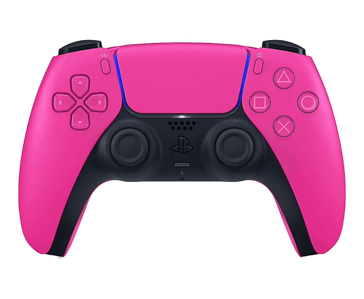 Mando rosa de Playstation 5 con detalles negros, botones y logotipo.