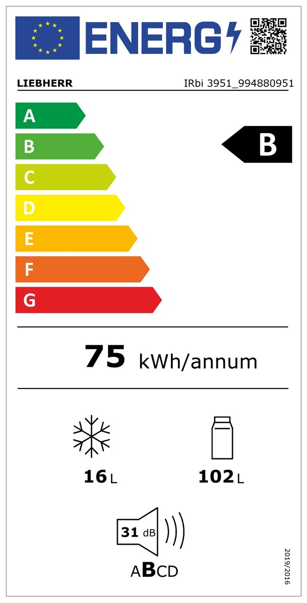 Energia címke zöld-fekete átmenettel, B besorolást mutat, hűtő részletekkel.