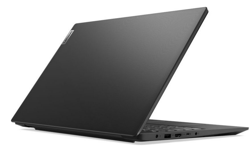 Schwarzer Lenovo-Laptop leicht geöffnet, Tastatur und Bildschirm.