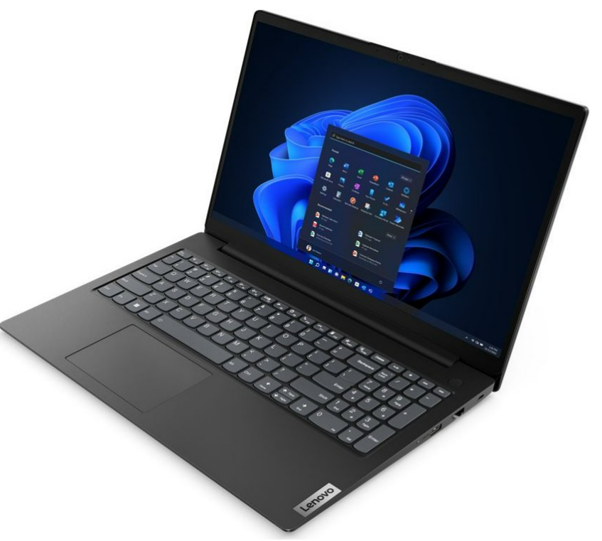 Schwarzer Lenovo Laptop offen mit Benutzeroberfläche auf dem Bildschirm.