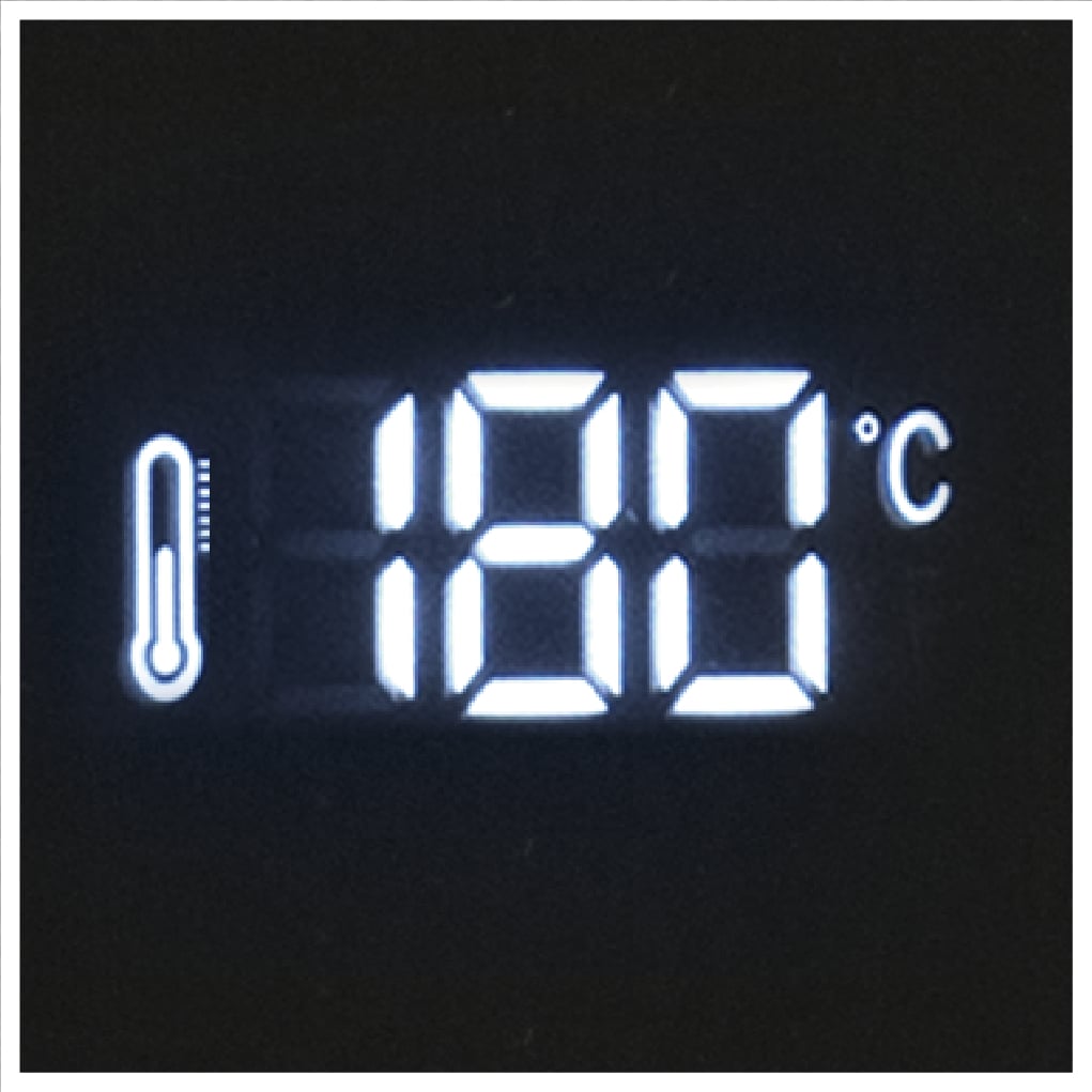 Digitalanzeige mit 180 Grad Celsius. Schwarzer Hintergrund.