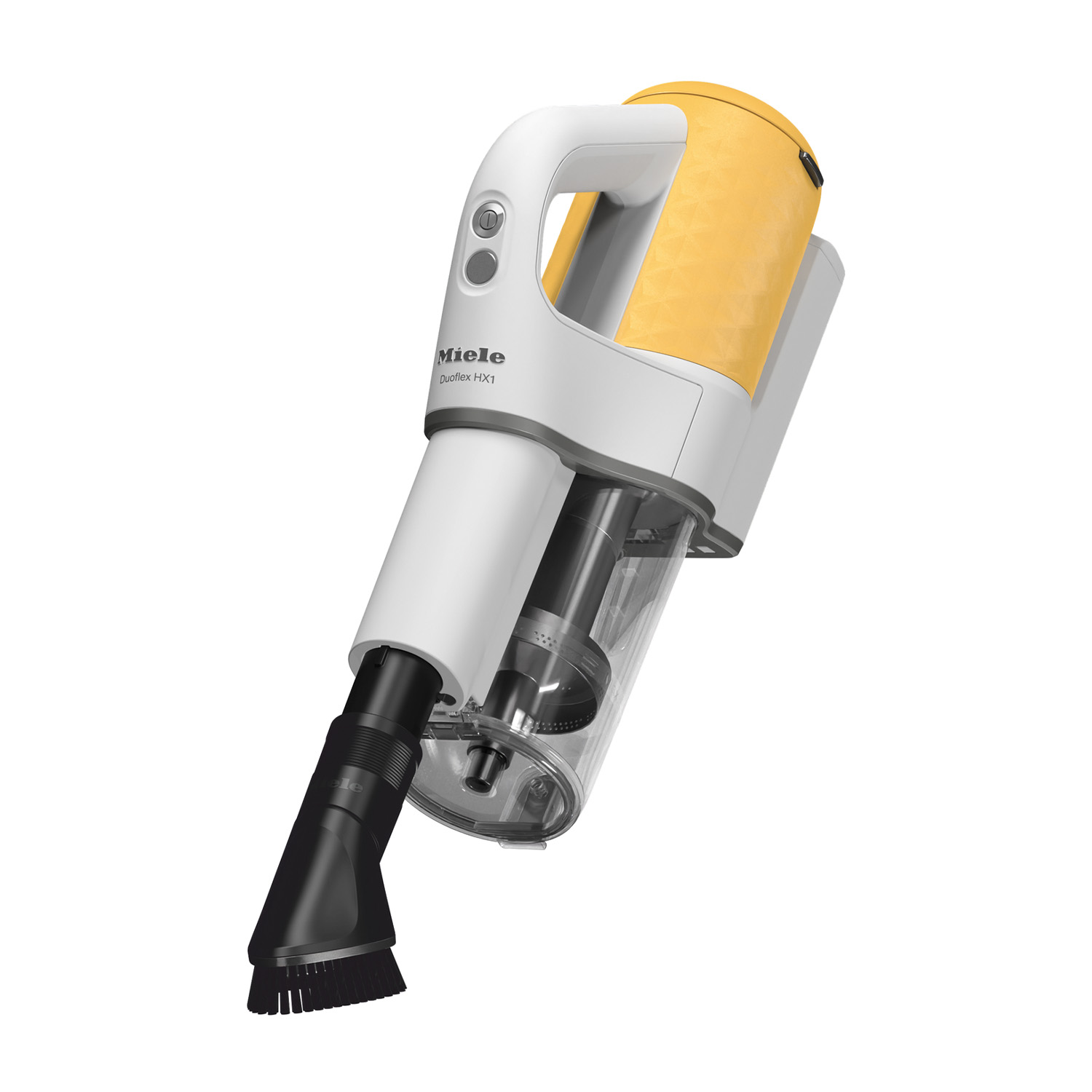 Aspirapolvere portatile bianco e giallo con ugello nero, su sfondo bianco.