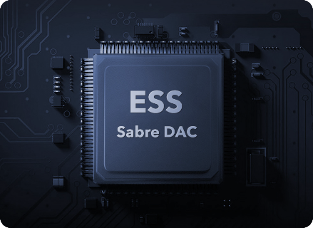 Nahaufnahme eines Computerchips mit ESS Sabre DAC aufgedruckt.