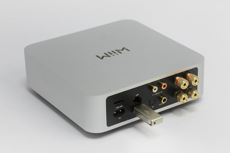 Silberner Wiim-Audiostreamer mit eingestecktem USB-Laufwerk. Anschlüsse sind auf der Rückseite sichtbar.