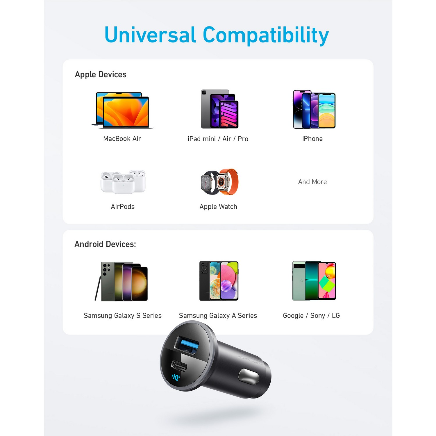 Een zwarte en zilveren autolader met een USB-poort. Tekst: Universele compatibiliteit.