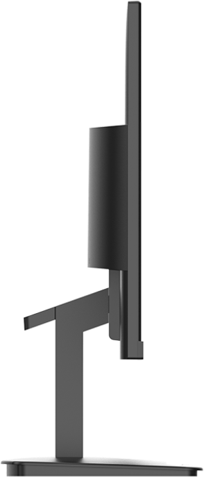 Seitenansicht eines schwarzen Computermonitors auf einem Ständer.