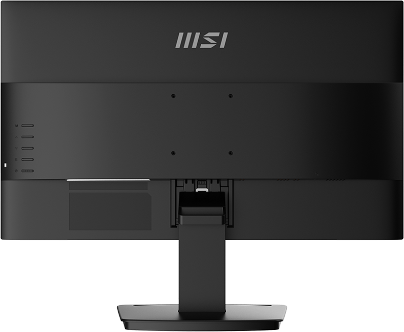 Die Rückseite eines schwarzen MSI-Monitors mit Ständer und Anschlüssen.