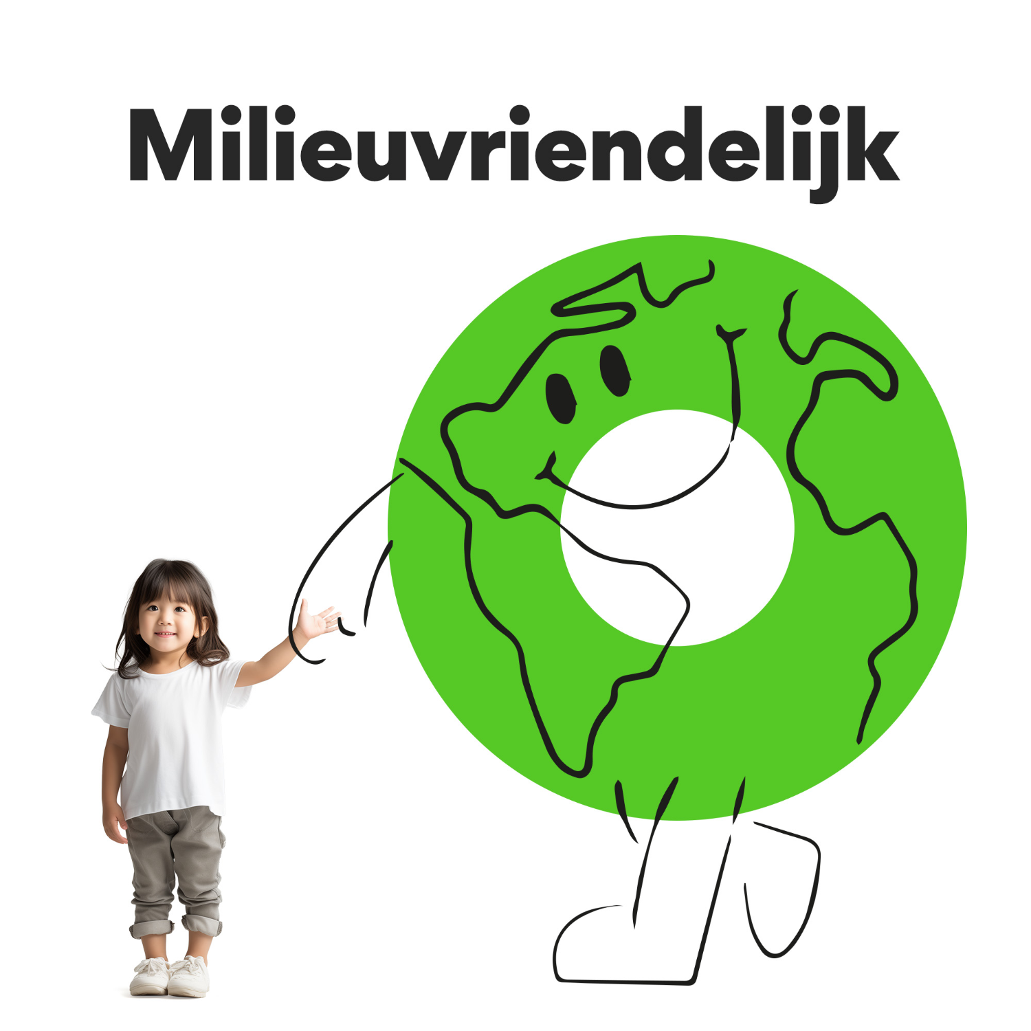 A child and a green earth character. Text: Milieuvriendelijk.