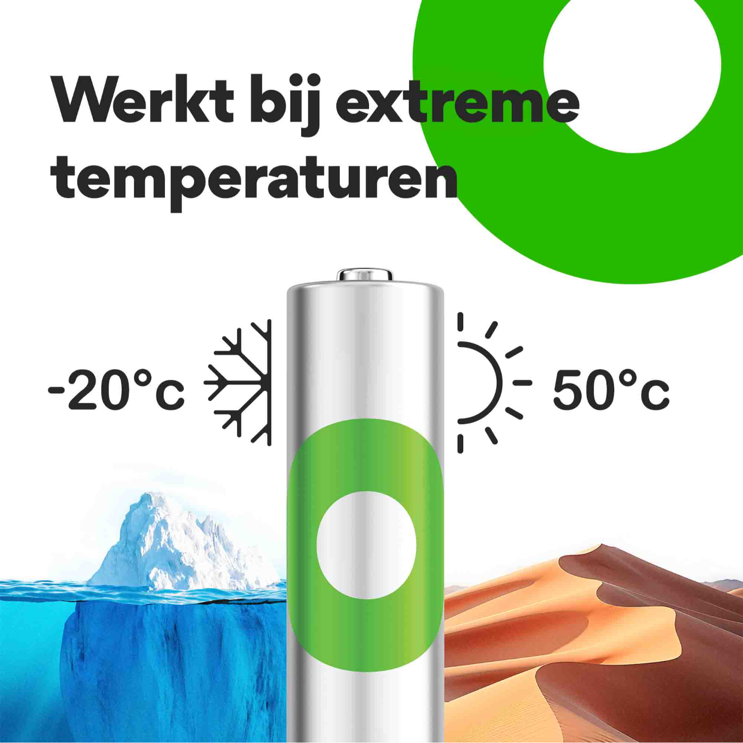 Battery icon with a battery, ice, and sun icons, text says 'Works in extreme temperatures'.