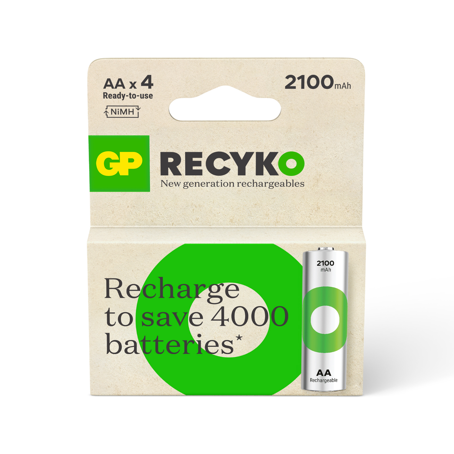 Pack of four AA rechargeable batteries. Green and white packaging with text.