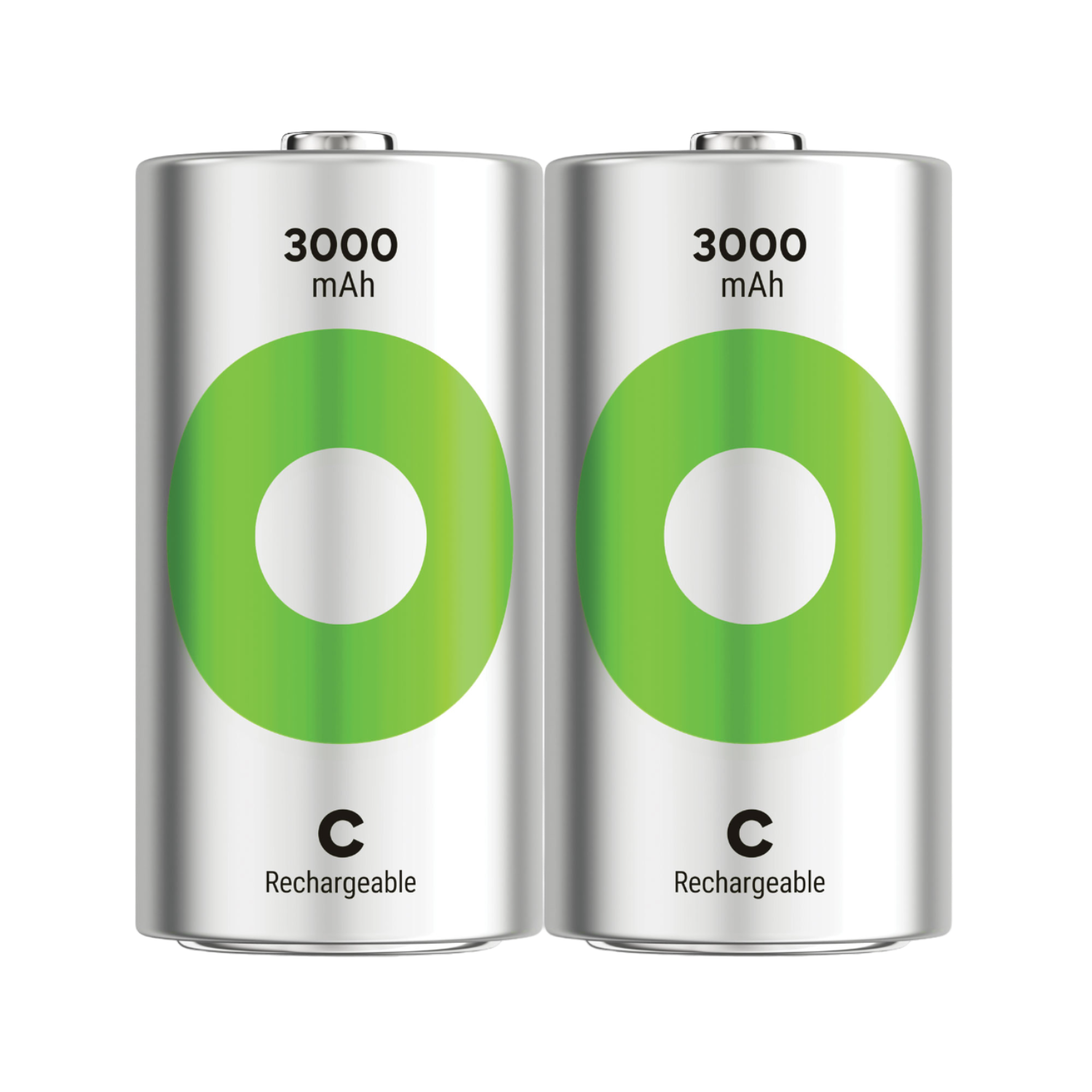 Twee AA-batterijen met groene cirkels en tekst: 3000 mAh, Rechargeable en C.