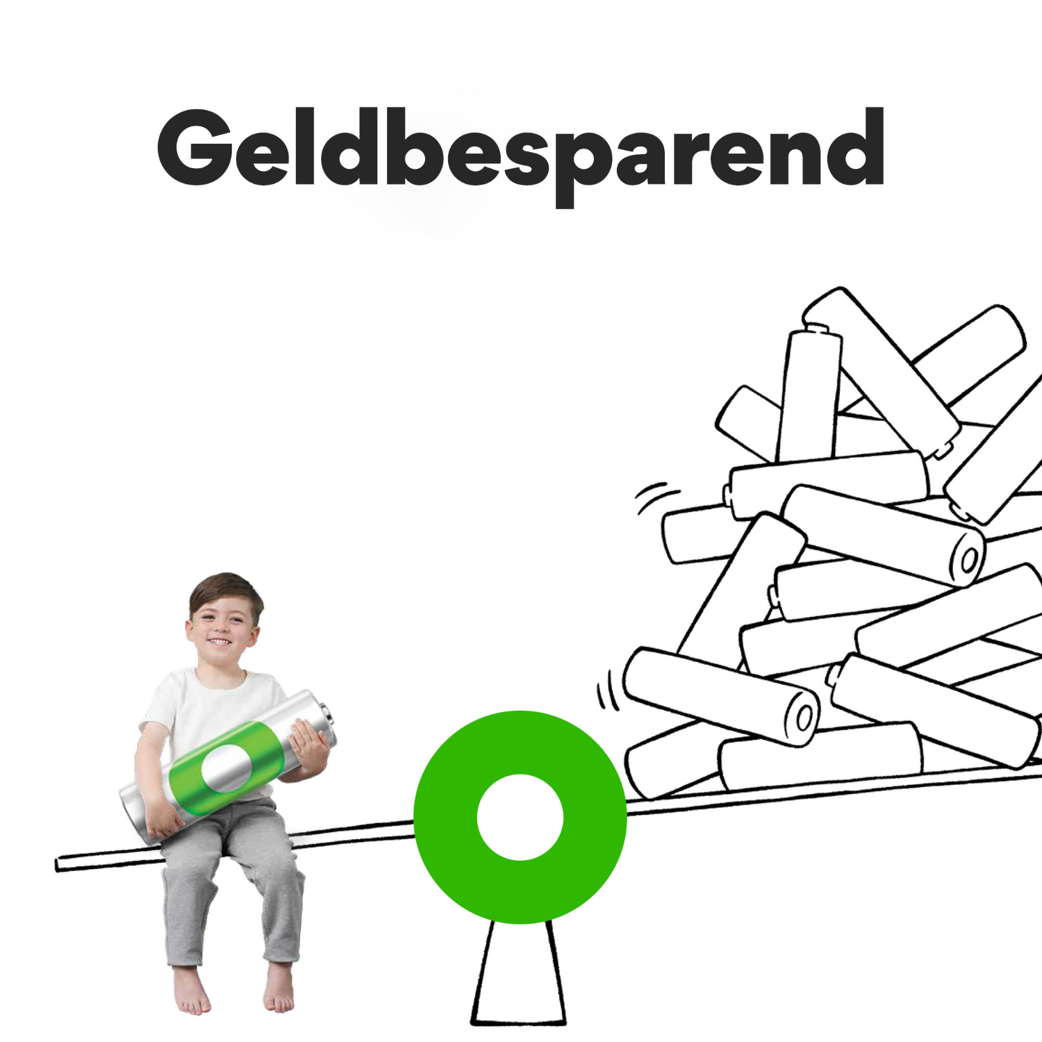 Een jongen op een wip houdt een grote batterij vast, met een stapel batterijen rechts.