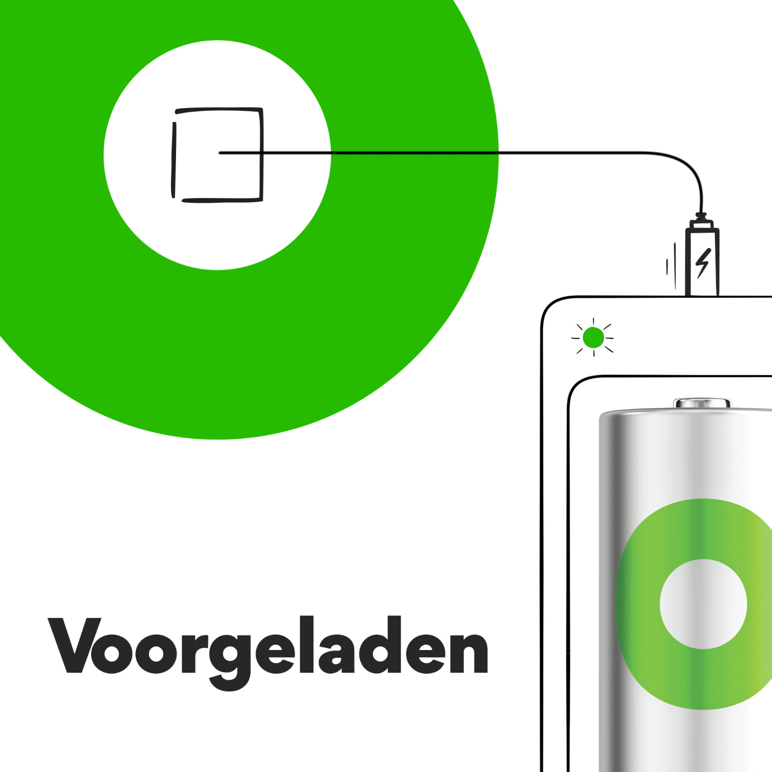 Groene cirkel met een oplaadkabel aangesloten op een batterij en een telefoon.