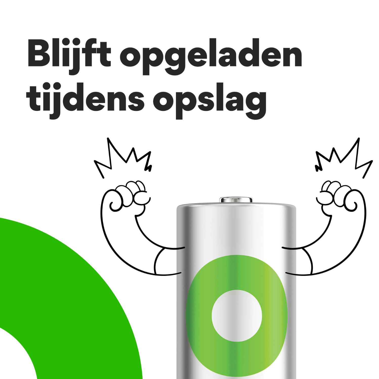 Een batterij met armen die buigen, tekst zegt 'Blijft opgeladen tijdens opslag' en een groene cirkel.