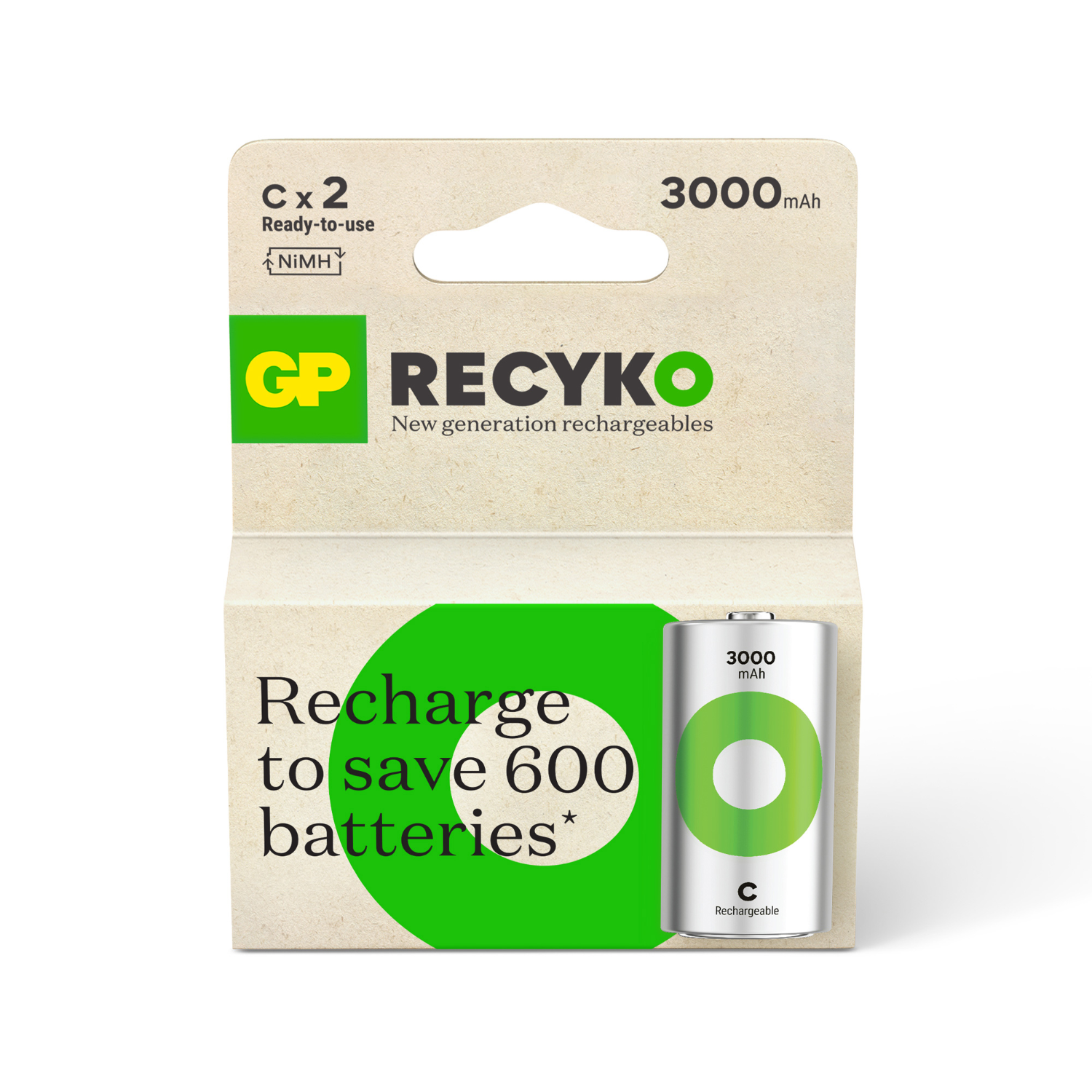 Batterijverpakking met een groene cirkel, tekst 'Opladen om 600 batterijen te besparen'.