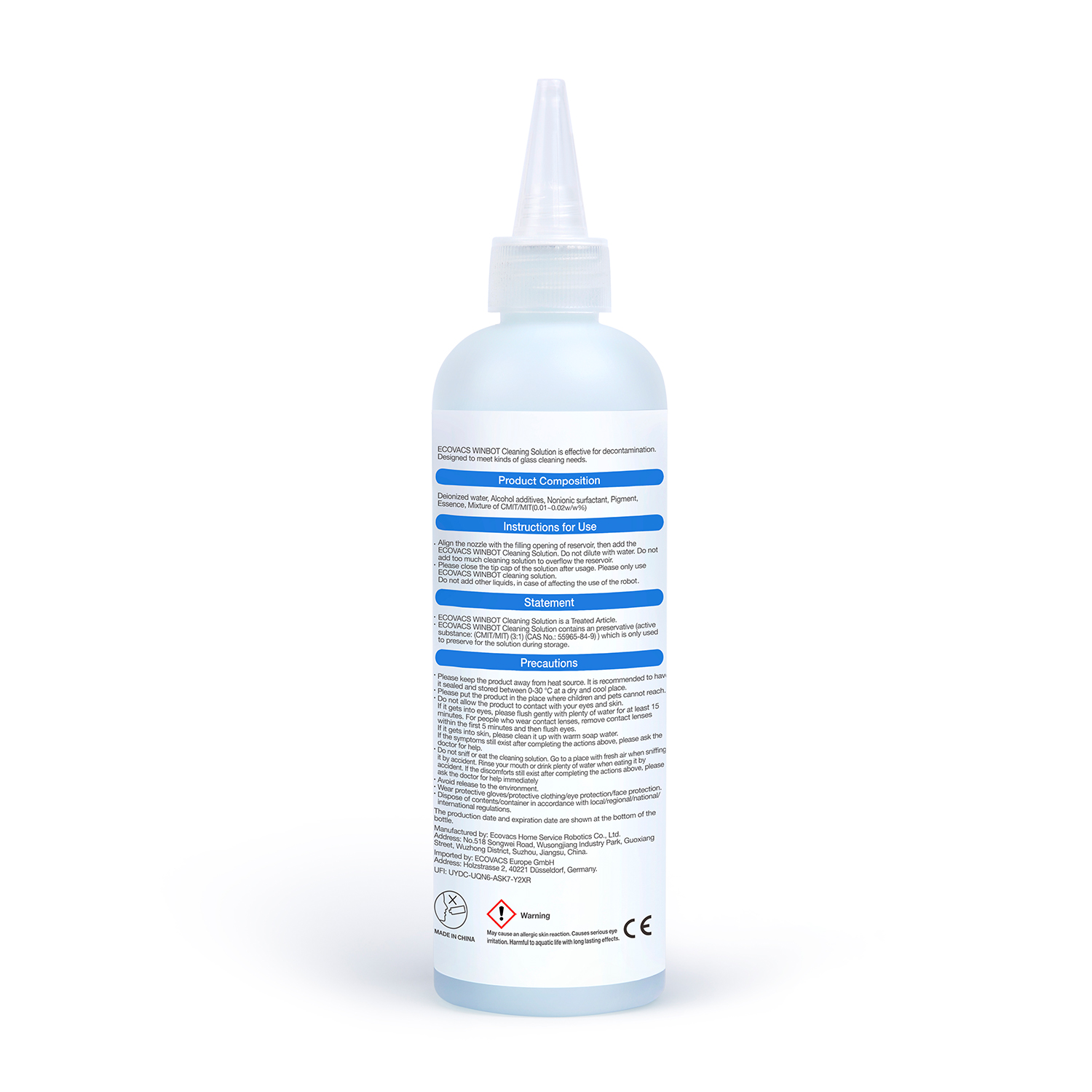 Flacone di soluzione detergente con etichetta bianca. Istruzioni e avvertenze sono stampate sul flacone.