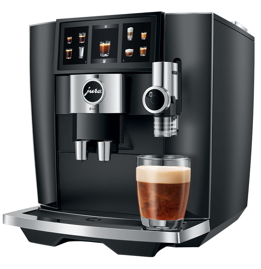 Czarny ekspres do espresso ze szklanką kawy. Ekran dotykowy.