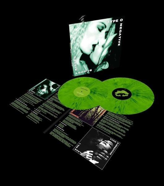 Album borító és bakelit lemezek. Az album egy csókolózó nőt mutat. Zöld bakelit fekete foltokkal. Az album borítója a Type O Negative-et mondja.