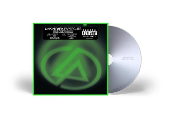 A Linkin Park "Papercuts" CD-tokja neon zöld dizájnnal és egy CD-vel.