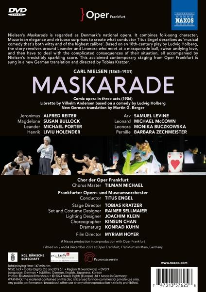 DVD-Hülle für Carl Nielsens Oper 'Maskarade' mit Besetzungsliste und Szenenbildern.