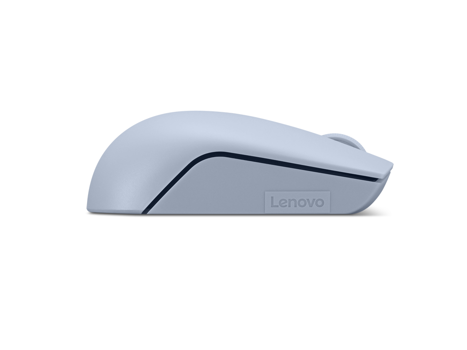 Siyah arka plan üzerinde açık mavi Lenovo mouse. Yan görünüm.